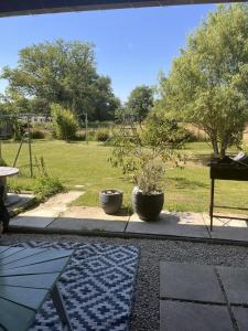 a patio with two potted plants in a park at Gîte nature et spa in Saint-Sulpice