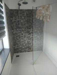 Country Cottage, Stunning Views في ترالي: دش مع باب زجاجي في الحمام