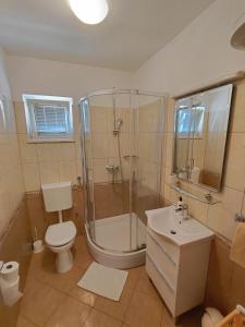 een badkamer met een douche, een toilet en een wastafel bij Apartments Šime in Šibenik +50 foto's