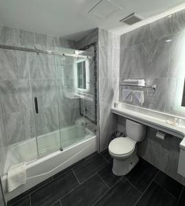 a bathroom with a shower and a toilet and a tub at Capital Hotel Long Island City in Queens +11 photos