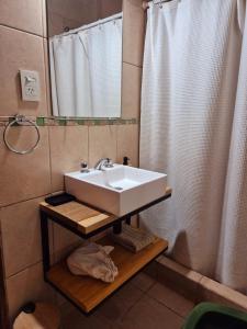 a bathroom with a sink and a shower curtain at La Valentina in Purmamarca