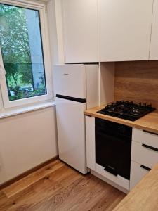 una cucina con fornelli e frigorifero bianco di Saulės laikrodžio apartamentai a Šiauliai