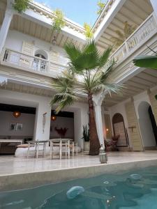 马拉喀什Riad lunja的一座带游泳池和棕榈树的房子