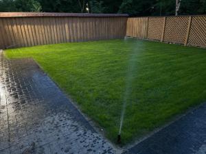 a lawn with a sprinkler in a yard at Euro Resort in Chynadiyovo +20 photos