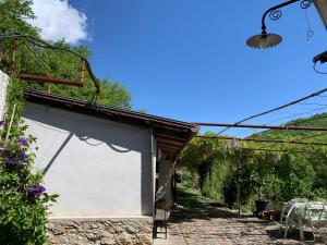 a white building with a roof and a patio at Tra Fiori e Antichità in Cerchiara