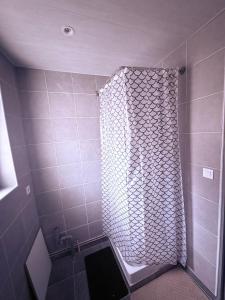 eine Dusche mit einem weißen Duschvorhang im Bad in der Unterkunft Appartement Cosy Auxerre centre ville Arrivée autonome in Auxerre