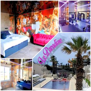 a collage of pictures of a hotel with a palm tree at Village Naturiste Cap d'Agde 224 Résidence de luxe Les jardins d'Eden "Réservée aux couples " in Cap d'Agde