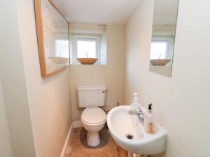 a bathroom with a white toilet and a sink at Rosemary Cottage in Leyburn