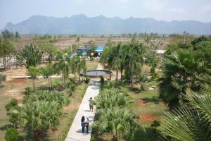 two people standing in a garden with palm trees at Maneemudjalin Resorts Farm Stay in Sam Roi Yot