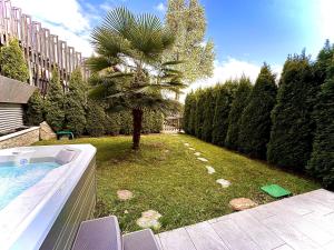 een achtertuin met een palmboom en een zwembad bij Sirona Stay - Private Spa Retreat with garden, garage and Bolzano-Card in San Genesio Atesino