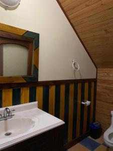 a bathroom with a sink and a mirror at Casa Campestre Lomas de Holanda in Santa Cruz Verapaz