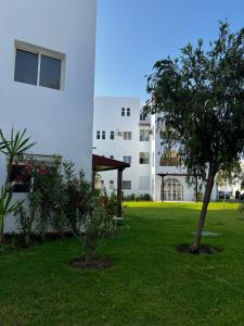 een groene tuin met een gebouw en een boom bij Cabonegro in Cabo Negro