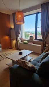 萨莫科夫Boho Style的带沙发和桌子的客厅以及大窗户。