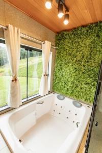 een bad in een kamer met een groene muur bij Kleines Paradies Chalés in Massaranduba