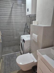 a small bathroom with a toilet and a shower at River Panorama Sarajevo in Sarajevo