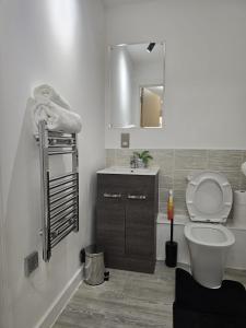 ein Badezimmer mit Toilette, Waschbecken und Spiegel in der Unterkunft Mega9 Luxury 2Bedrooms Apartment - 2Baths, 2Toilets in Manchester