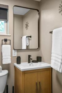 un bagno con lavandino e specchio di Family Fun! 2 Story Oasis and Pup Retreat Near RVA! a Richmond Altre 98 foto