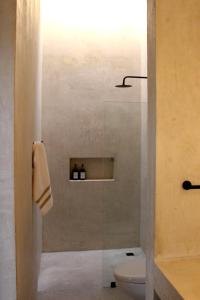 a bathroom with a toilet and a glass shower door at CASA TAMA in La Ermita, Mérida Center with pool in Azcorra +27 photos
