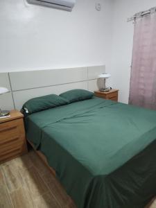 a bed with a green comforter and two night stands at Residencias crasky in Punta Cana +2 photos