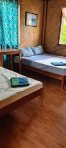 two beds in a room with blue walls at ITAYTAY INN in San Vicente
