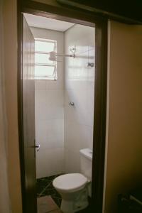a bathroom with a toilet and a shower at kitnet no centro de Betim in Betim +11 photos