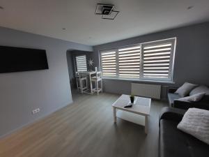 a living room with a couch and a table at Evas lux apartment in Jūrmala