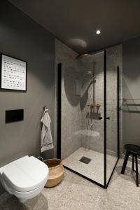 a bathroom with a toilet and a glass shower at Cabin Overlooking Ryfylke Fjord in Høyvik +24 photos