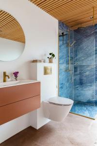 a bathroom with a toilet and a glass shower at Newly Built Summer House With Sea View in Haderslev +30 photos