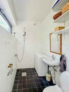 Un baño blanco con lavabo e inodoro. en Sea View Paradise Secret Oasis At The Baltic Sea, en Yngsjö