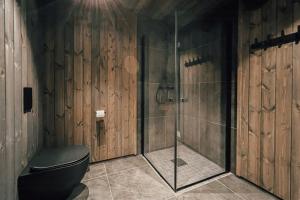 a bathroom with a toilet and a glass shower at Modern Mountain Cabin Near Syningtoppen in Torpo