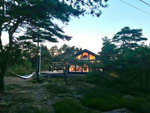 a house with a hammock in front of it at Family Cabin With Panoramic Windows By Oksrødkilen in Gressvik