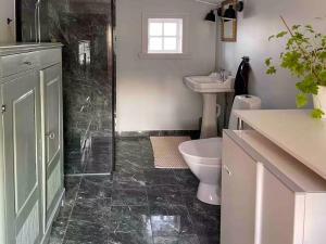 a bathroom with a shower and a toilet and a sink at Country Cottage By Natural Pond In Söderköping in Gusum +14 photos