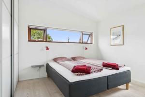 a bedroom with a bed with red pillows on it at Beautiful Home In As Vig, 100 M From The Beach in Sønderby