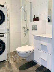 a white bathroom with a toilet and a shower at Cabin By Heimsila River In Hemsedal in Hemsedal