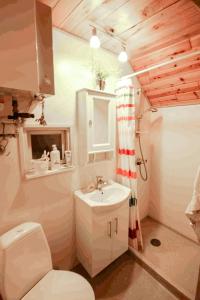 a bathroom with a white toilet and a sink at Sleep Under The Stars Near Brunsnæs Beach in Broager