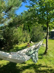 a hammock hanging from a tree in a yard at Summer House Near Ahl Beach And Ebeltoft in Ebeltoft