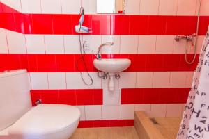 リヴィウにあるEconomy Apartment on Krehivska 7の赤と白のバスルーム(トイレ、洗面台付)