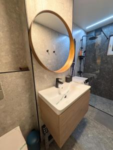 a bathroom with a sink and a mirror at Imedio Coral Apartment Aviatiei in Bucharest +16 photos