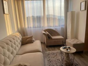 a living room with a couch and a chair and a window at Sorelle Apartment in Tivat