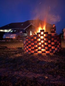 a man standing next to a fire in a yard at FarmaKolonia in Jamielnik