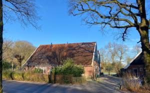 ein altes Haus mit einem braunen Dach auf einer Straße in der Unterkunft Vakantiewoning Het leeft in je in Hengelo