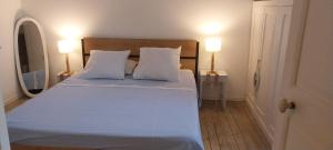 Postel nebo postele na pokoji v ubytování Chambre bleue avec accès plage