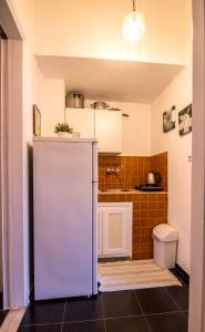 a kitchen with a refrigerator and a toilet at Stella Studios in Poros