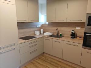 a kitchen with white cabinets and a sink at Anna's Residence 2 in Budapest