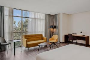 亚的斯亚贝巴Doubletree By Hilton Addis Ababa Airport的酒店客房配有一张床、一张沙发和一张书桌。