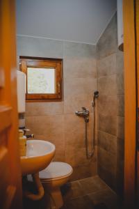 a bathroom with a sink and a toilet and a shower at Stara kuća i brvnara in Velereč