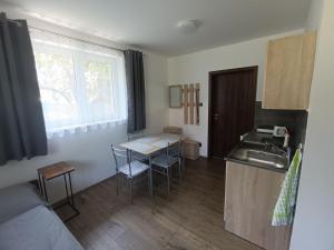a kitchen with a sink and a table with chairs at Ubytování AnDe in Třeboň