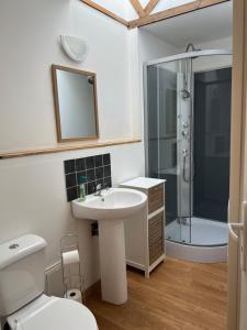 a bathroom with a toilet and a sink and a shower at Chez Casa Holiday Gite in Sourdeval +28 photos