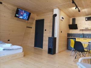 a room with a bed and a kitchen and a tv at Vila Isidora Berovo in Berovo