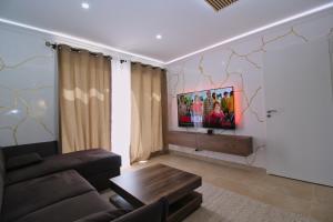 un salon avec un canapé et une télévision dans l'établissement Villa Périgord 2-Spacieux-clim-Wifi-Parking-Terrasse, au Pontet